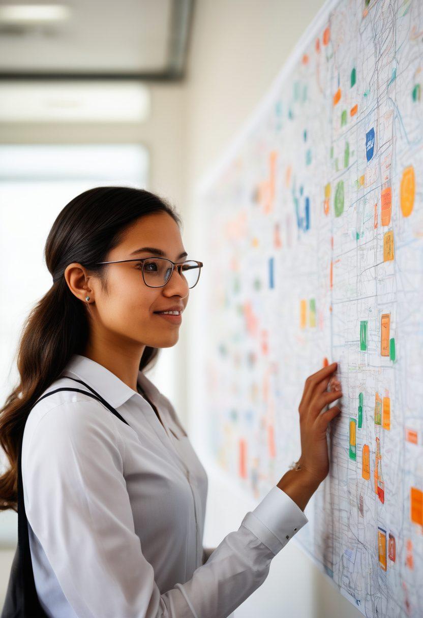 A young professional enthusiastically exploring various career paths at an interactive map station with UVA logo. Bright, engaging visuals of different job icons like technology, healthcare, and business surrounding them. A backdrop of a modern university campus with students collaborating. The overall ambiance should evoke a sense of optimism and opportunity. super-realistic. vibrant colors. white background.