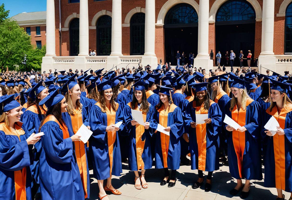 A vibrant scene of a graduation ceremony with students in caps and gowns, embodying the transition from internships to full-time roles. In the foreground, a diverse group of smiling graduates clutching their diplomas and networking with professionals. The backdrop features the iconic UVA architecture and a sunny sky. Use bright, engaging colors to evoke a sense of achievement and hope. super-realistic. vibrant colors. sunny background.