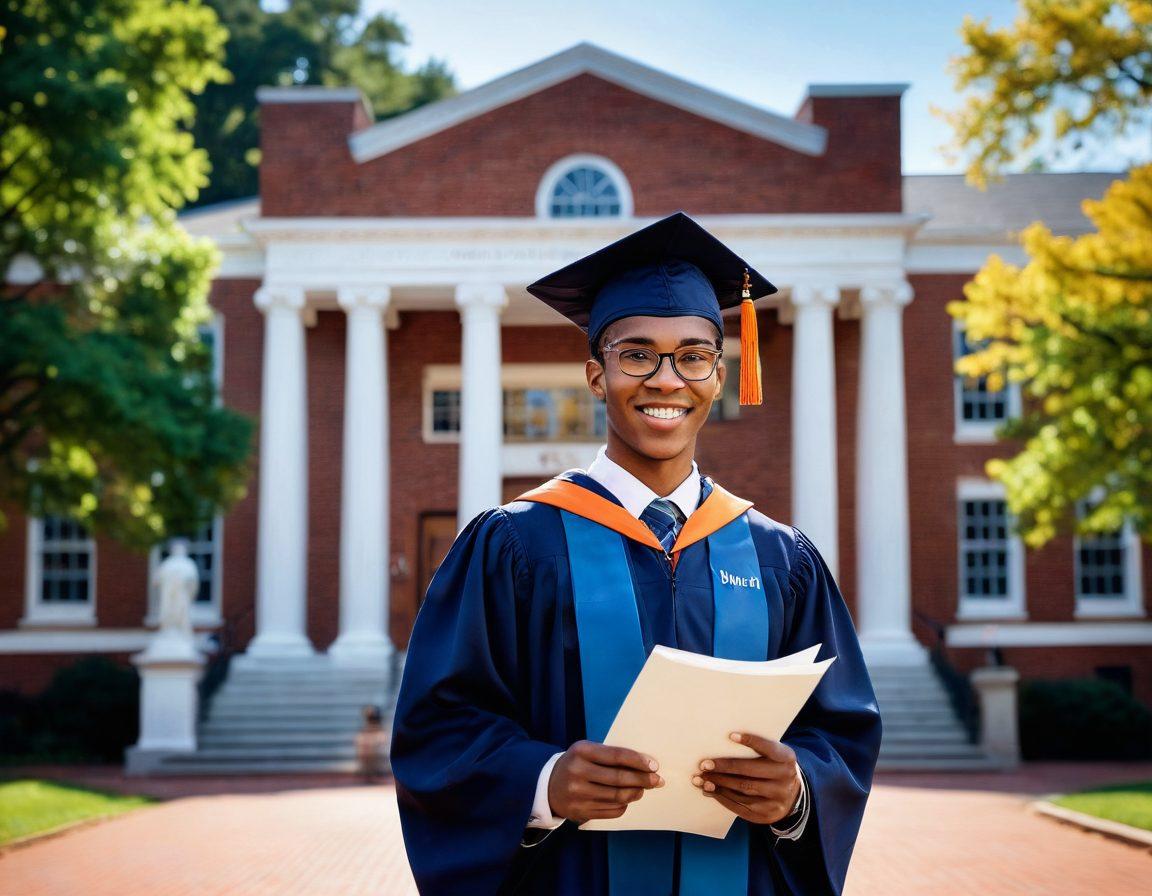 A confident graduate holding a polished resume, standing in front of the iconic UVA sign. Surrounding them are symbols of success: a checklist, a glowing laptop, and motivational books. The background features a beautiful campus landscape, with students engaged in discussions. The atmosphere is inspiring and professional. super-realistic. vibrant colors. soft focus.